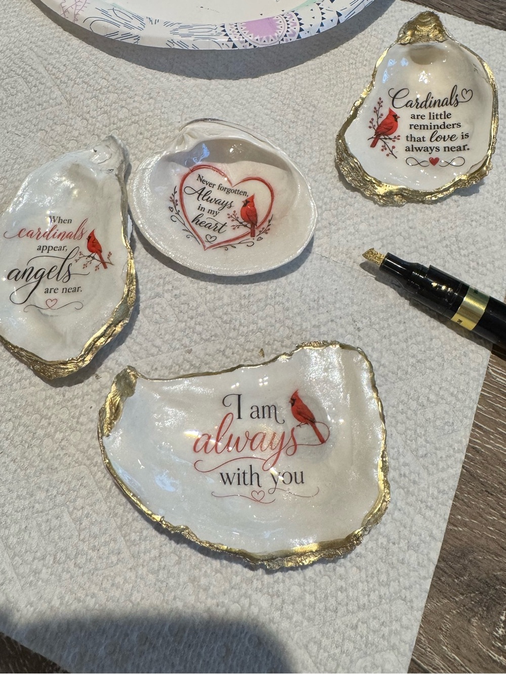 White Shell Trinket Dishes with Red Cardinal Design and Gold Edging